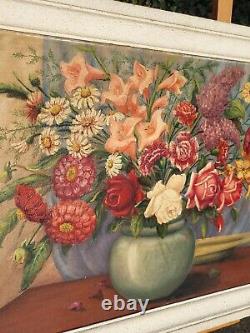 Grand Tableau Ancien. Bouquet De Fleurs. Peinture huile sur panneau de bois