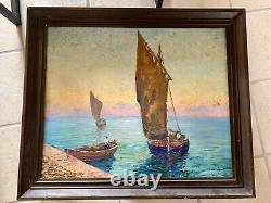 Grand Tableau Ancien Huile Sur Bois Bord De Mer Bateaux ROUX-ABOUGIT