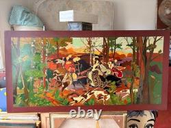 Grand Tableau Peinture sur Bois Sculpté Scène Chasse Courre Chien Signé 130x70