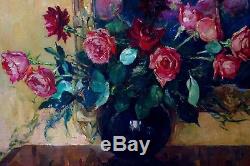 Grand tableau 1938 Fleurs Maurice F Perrot Verneuil Seine-et-Oise bouquet roses