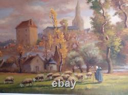 Grand tableau, huile sur panneau signé Fauchier1887-1965, moutons village