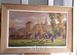 Grand tableau, huile sur panneau signé Fauchier1887-1965, moutons village