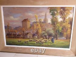 Grand tableau, huile sur panneau signé Fauchier1887-1965, moutons village