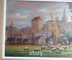 Grand tableau, huile sur panneau signé Fauchier1887-1965, moutons village