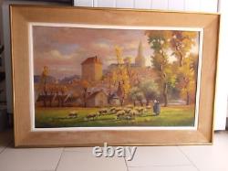 Grand tableau, huile sur panneau signé Fauchier1887-1965, moutons village