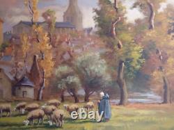 Grand tableau, huile sur panneau signé Fauchier1887-1965, moutons village