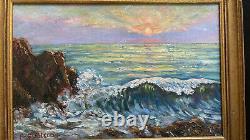 Grand tableau signé huile sur panneau bois paysage coucher de soleil dans la mer