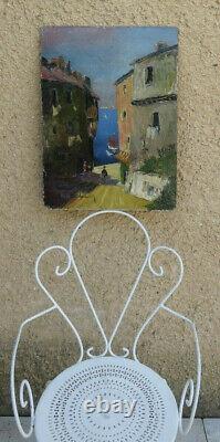 Grande & Lumineuse Peinture 1940. Rue Animée De Villefranche-sur-mer. Signée