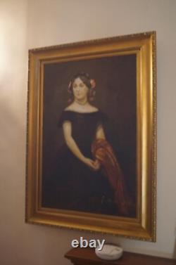 Grande tableau signé 110x80cm motif portrait avec cadre bois dore, d un chateau