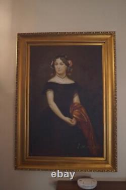 Grande tableau signé 110x80cm motif portrait avec cadre bois dore, d un chateau