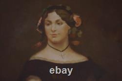 Grande tableau signé 110x80cm motif portrait avec cadre bois dore, d un chateau