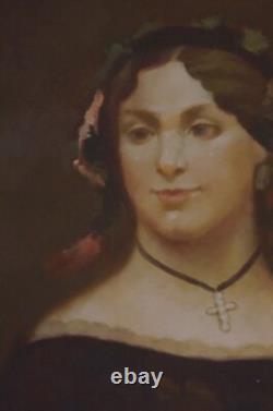 Grande tableau signé 110x80cm motif portrait avec cadre bois dore, d un chateau