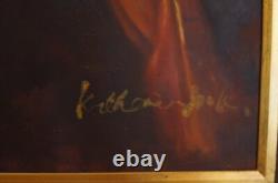 Grande tableau signé 110x80cm motif portrait avec cadre bois dore, d un chateau