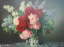 HATON. Tableau huile toile Bouquet de fleurs Cadre Restauration. 81cm x 97cm