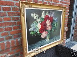 HATON. Tableau huile toile Bouquet de fleurs Cadre Restauration. 81cm x 97cm