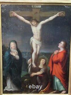 HUILE SUR CUIVRE Fin XVIIème début XVIIIème Crucifixion beau cadre bois doré