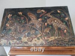 H. Blanchard, tableau peint sur bois décor relief japonisant oiseaux XIX ème