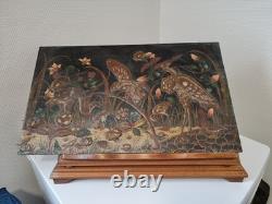 H. Blanchard, tableau peint sur bois décor relief japonisant oiseaux XIX ème