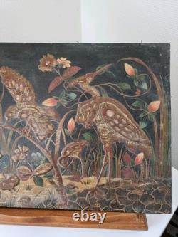 H. Blanchard, tableau peint sur bois décor relief japonisant oiseaux XIX ème