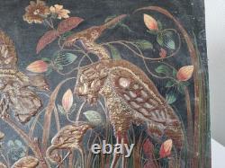 H. Blanchard, tableau peint sur bois décor relief japonisant oiseaux XIX ème