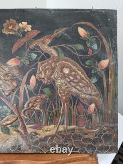 H. Blanchard, tableau peint sur bois décor relief japonisant oiseaux XIX ème