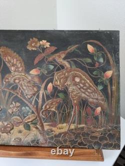 H. Blanchard, tableau peint sur bois décor relief japonisant oiseaux XIX ème