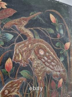 H. Blanchard, tableau peint sur bois décor relief japonisant oiseaux XIX ème