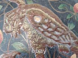 H. Blanchard, tableau peint sur bois décor relief japonisant oiseaux XIX ème