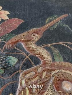 H. Blanchard, tableau peint sur bois décor relief japonisant oiseaux XIX ème