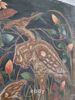 H. Blanchard, tableau peint sur bois décor relief japonisant oiseaux XIX ème