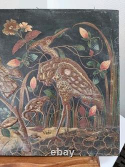 H. Blanchard, tableau peint sur bois décor relief japonisant oiseaux XIX ème