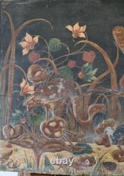 H. Blanchard, tableau peint sur bois décor relief japonisant oiseaux XIX ème