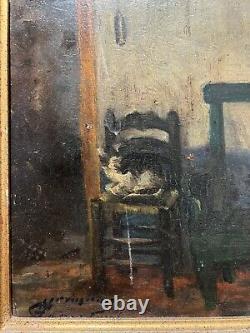 Herman Courtens (1884-1956) Chat en Interieur, Circa 1910 tableau ancien belge