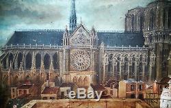 Huile Sur Acajou-cathedrale-paris-notre Dame-epoque Xix-face Nord-rare Vue