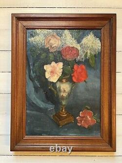 Huile Sur Bois Nature Morte Fleurs Non Signée Vers 1950