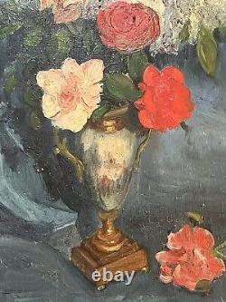 Huile Sur Bois Nature Morte Fleurs Non Signée Vers 1950