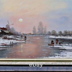 Huile Sur Bois Signé Mehrnia Winter Paysage Rivière Peinture Encadrée Original