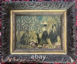 Huile Sur Bois fin XIXème Deux Lions Signature à Identifier