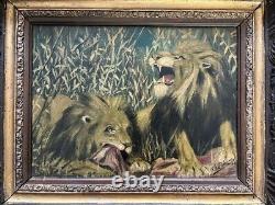 Huile Sur Bois fin XIXème Deux Lions Signature à Identifier