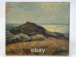 Huile Sur Panneau Bois Theme Marin Vue De Mer Avec Rocher Inscription B1059