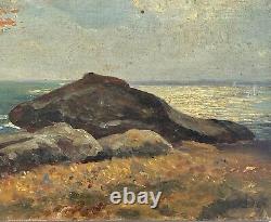 Huile Sur Panneau Bois Theme Marin Vue De Mer Avec Rocher Inscription B1059