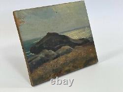 Huile Sur Panneau Bois Theme Marin Vue De Mer Avec Rocher Inscription B1059