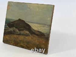 Huile Sur Panneau Bois Theme Marin Vue De Mer Avec Rocher Inscription B1059