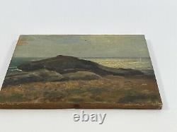 Huile Sur Panneau Bois Theme Marin Vue De Mer Avec Rocher Inscription B1059