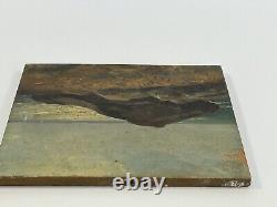 Huile Sur Panneau Bois Theme Marin Vue De Mer Avec Rocher Inscription B1059