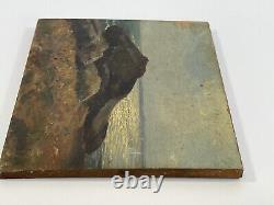 Huile Sur Panneau Bois Theme Marin Vue De Mer Avec Rocher Inscription B1059