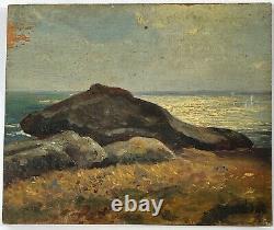 Huile Sur Panneau Bois Theme Marin Vue De Mer Avec Rocher Inscription B1059