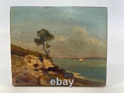 Huile Sur Panneau Bois Theme Marin Vue De Mer Rocher Inscription D91 B1066