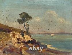 Huile Sur Panneau Bois Theme Marin Vue De Mer Rocher Inscription D91 B1066
