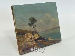 Huile Sur Panneau Bois Theme Marin Vue De Mer Rocher Inscription D91 B1066